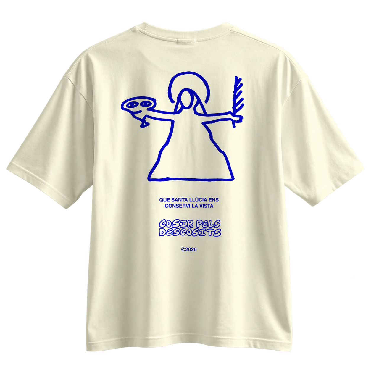 Darrere de la samarreta amb la il·lustració blava de Santa Llúcia i el logotip Cosir pels descosits.